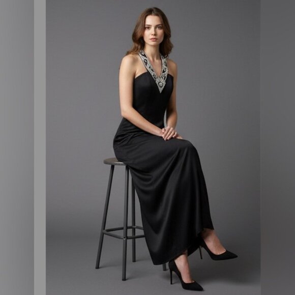 Navy Blue Beaded Halter Evening Dress - Picture 5 of 12